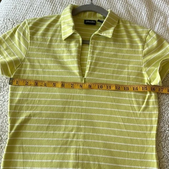 St. John's Bay Women's S Zip Neck Polo Tee Shirt Lime Green White Stripe Preppy - Picture 13 of 15